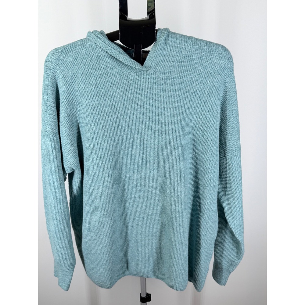 J. Jill Teal Blue Waffle Knit Hooded Sweater Womens Large Cotton Blend Pullover